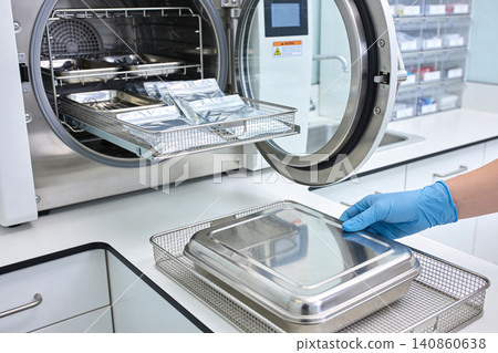 Sterilization process in a laboratory autoclave with medical instruments being prepared Sterilization process in a laboratory autoclave with medical instruments being prepared 140860638