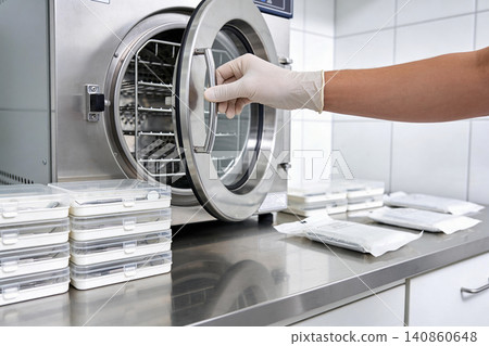 Sterilization process in a medical facility with autoclave and sterile instrument packaging Sterilization process in a medical facility with autoclave and sterile instrument packaging 140860648