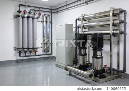 Industrial water filtration system with pumps and filter housings Industrial water filtration system with pumps and filter housings 140860655