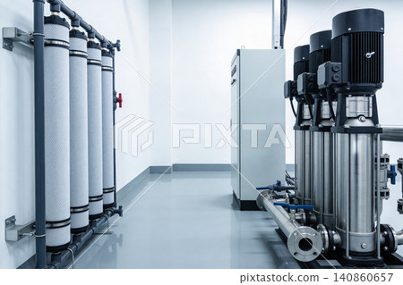 Industrial water filtration system with pumps and control panel Industrial water filtration system with pumps and control panel 140860657