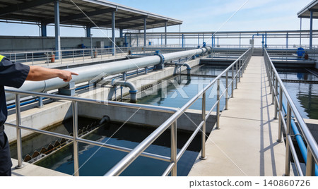 Water treatment plant with large pipes and clear water basins under a bright sky 140860726