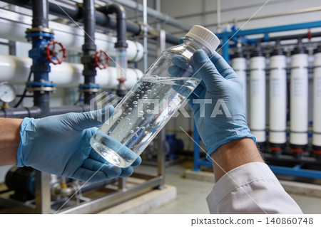 Scientist examines clear liquid sample in a bottle at water purification plant Scientist examines clear liquid sample in a bottle at water purification plant 140860748