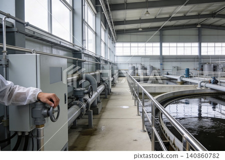 Industrial water treatment facility with worker operating valve and circular tanks 140860782