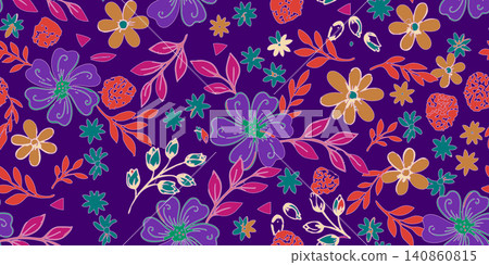 Vibrant seamless vector print featuring artistic botanical blooms, ditsy flowers, and pink leaves on deep purple. Ideal for modern fashion textiles. Vibrant seamless vector print featuring artistic botanical blooms, ditsy flowers, and pink leaves on deep purple. Ideal for modern fashion textiles. 140860815