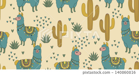 Adorable seamless vector print featuring hand-drawn blue llamas, cacti, and little hearts on beige. Perfect for nursery decor and kids' textiles. Adorable seamless vector print featuring hand-drawn blue llamas, cacti, and little hearts on beige. Perfect for nursery decor and kids' textiles. 140860816