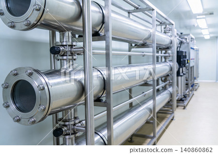 Industrial stainless steel pipes and filtration system in a clean room environment Industrial stainless steel pipes and filtration system in a clean room environment 140860862