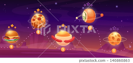 Yummy planets game location. Computer play map template with planets shaped like food, pizza, sushi, sausage, burger. From level to level, nowaday vector scene Yummy planets game location. Computer play map template with planets shaped like food, pizza, sushi, sausage, burger. From level to level, nowaday vector scene 140860863