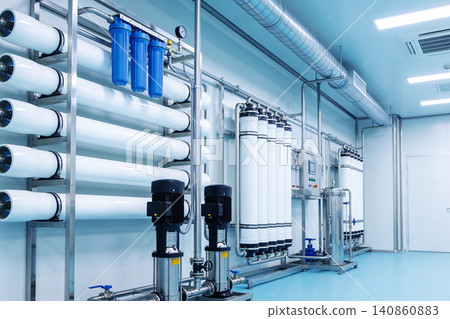 Industrial water purification system with pumps and filters in a clean room Industrial water purification system with pumps and filters in a clean room 140860883