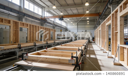 Modern factory producing prefabricated wooden house wall panels on assembly lines Modern factory producing prefabricated wooden house wall panels on assembly lines 140860891