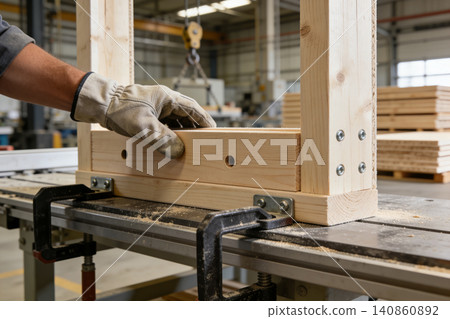 Carpenter wearing gloves assembles wooden frame with screws and clamps Carpenter wearing gloves assembles wooden frame with screws and clamps 140860892