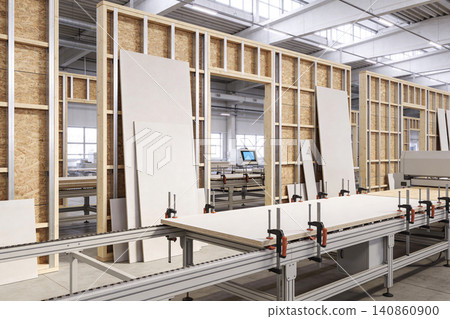 Modern factory interior with construction materials and automated assembly line Modern factory interior with construction materials and automated assembly line 140860900