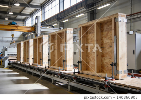 Automated production line assembling wooden wall frames in a modern factory Automated production line assembling wooden wall frames in a modern factory 140860905