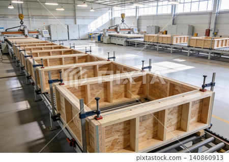 Wooden crate assembly line in a modern factory setting Wooden crate assembly line in a modern factory setting 140860913