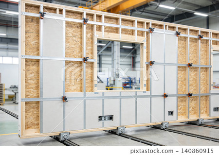 Modern construction of a prefabricated wall panel with OSB and insulation Modern construction of a prefabricated wall panel with OSB and insulation 140860915