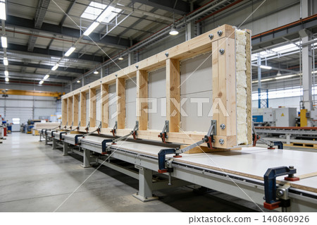 Prefabricated wooden wall elements being assembled on a factory production line 140860926