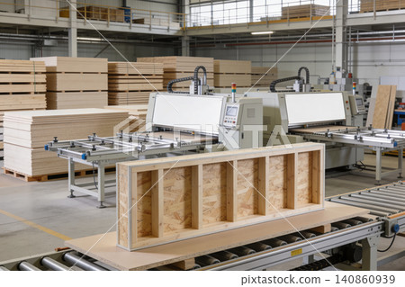 Automated woodworking machinery in a modern factory producing wooden components Automated woodworking machinery in a modern factory producing wooden components 140860939