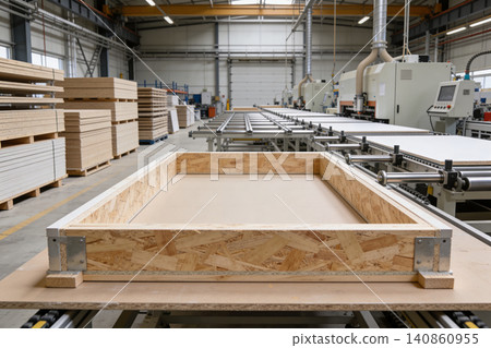 Modern factory production line for prefabricated wooden building elements Modern factory production line for prefabricated wooden building elements 140860955