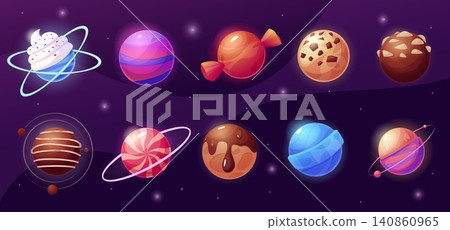 Cartoon candy planets. Sweet candies, lollipops and chocolate, with cream and topping. Round sweet sugar desserts. Gaming design nowaday vector set Cartoon candy planets. Sweet candies, lollipops and chocolate, with cream and topping. Round sweet sugar desserts. Gaming design nowaday vector set 140860965