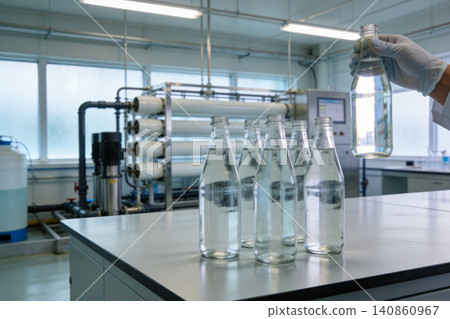 Scientist inspects purified water bottles in a modern laboratory with filtration equipment Scientist inspects purified water bottles in a modern laboratory with filtration equipment 140860967