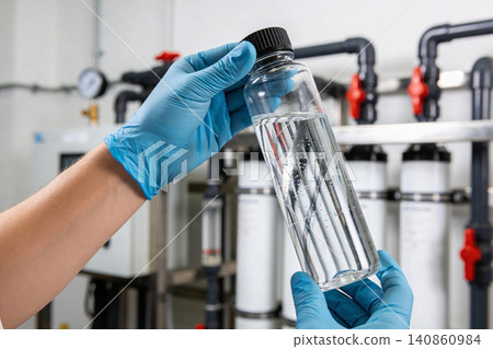 Scientist in blue gloves holding a clear liquid sample in a laboratory setting Scientist in blue gloves holding a clear liquid sample in a laboratory setting 140860984