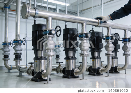 Industrial water pump system with stainless steel pipes and valves 140861030