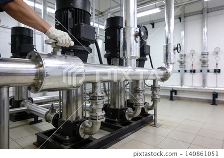 Industrial worker adjusts valve on large pipe system with multiple pumps 140861051