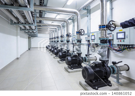 Industrial pump room with rows of powerful electric motors and plumbing systems Industrial pump room with rows of powerful electric motors and plumbing systems 140861052
