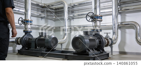 Industrial pumps and complex piping system in a clean mechanical room Industrial pumps and complex piping system in a clean mechanical room 140861055
