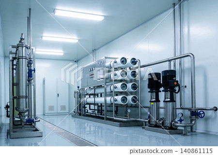 Industrial water purification system with pumps and filtration units in a clean room Industrial water purification system with pumps and filtration units in a clean room 140861115