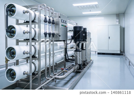 Industrial water purification system with pumps and filtration tanks in a clean room Industrial water purification system with pumps and filtration tanks in a clean room 140861118