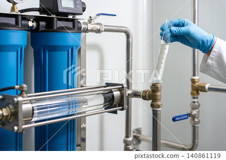 Scientist examines water sample from advanced filtration system in laboratory Scientist examines water sample from advanced filtration system in laboratory 140861119