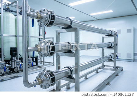 Industrial water purification system with stainless steel pipes and tanks Industrial water purification system with stainless steel pipes and tanks 140861127