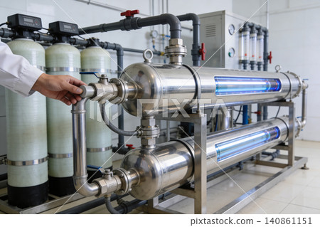 Industrial water purification system with UV sterilization and filtration tanks Industrial water purification system with UV sterilization and filtration tanks 140861151