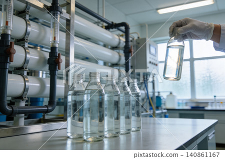 Scientist examines purified water samples in a modern laboratory setting 140861167