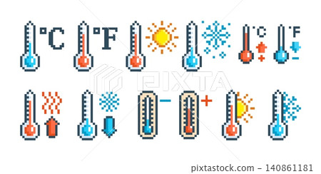 Pixel art weather thermometers. Pixelated thermometer column show different outside temperature. Winter, summer seasons, game 8 bit icons, tidy vector clipart Pixel art weather thermometers. Pixelated thermometer column show different outside temperature. Winter, summer seasons, game 8 bit icons, tidy vector clipart 140861181