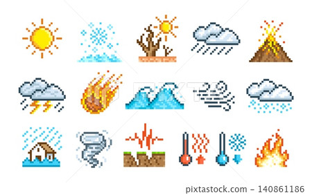 Pixel weather cataclysm icons. Drought, flood, tornado and typhoon, tsunami, earthquake, volcanic eruption. Pixelated forecast symbols tidy vector set Pixel weather cataclysm icons. Drought, flood, tornado and typhoon, tsunami, earthquake, volcanic eruption. Pixelated forecast symbols tidy vector set 140861186