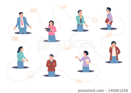 Business people connect concept. Coworking persons, work online network. Colleagues connecting via email, messengers, cloud service. Modern job style recent vector scene Business people connect concept. Coworking persons, work online network. Colleagues connecting via email, messengers, cloud service. Modern job style recent vector scene 140861208