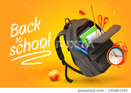 Back school realistic background. 3d backpack education study supplies text banner design, children elementary class alarm clock paper notebook pencil garish vector illustration 140861345