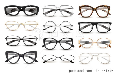 Realistic eye glasses. Fashion ocular vision, eyewear transparent optical lens reading eyeglasses classic oculars plastic frame sunglasses 3d isolated garish vector illustration Realistic eye glasses. Fashion ocular vision, eyewear transparent optical lens reading eyeglasses classic oculars plastic frame sunglasses 3d isolated garish vector illustration 140861346