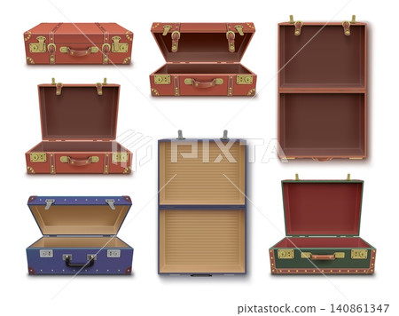 Open suitcase. Realistic briefcase, opened closed leather bag handle lock vintage classic suitcases travel trip case baggage tourist luggage 3d isolated garish vector illustration Open suitcase. Realistic briefcase, opened closed leather bag handle lock vintage classic suitcases travel trip case baggage tourist luggage 3d isolated garish vector illustration 140861347