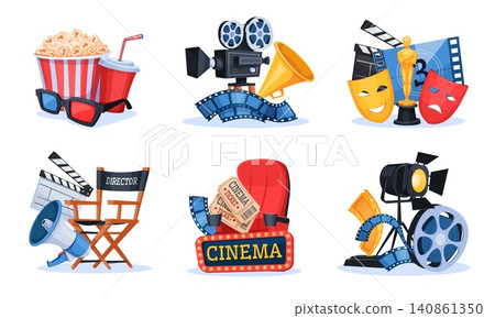 Movie items. Cinema production montage studio, films making icons tv entertainment media theater cinematography director camera popcorn clapperboard qualitative vector illustration Movie items. Cinema production montage studio, films making icons tv entertainment media theater cinematography director camera popcorn clapperboard qualitative vector illustration 140861350