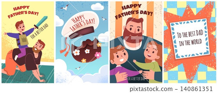 Fathers day cards. Happy dad greeting card, family love child parent hug daughter support kids care heart fatherhood present man childhood fun holiday classy vector illustration Fathers day cards. Happy dad greeting card, family love child parent hug daughter support kids care heart fatherhood present man childhood fun holiday classy vector illustration 140861351