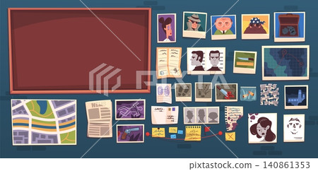 Detective board evidences. Investigator empty corkboard with clue elements, crime investigation game thread pin suspect gang search criminal case cartoon classy vector illustration Detective board evidences. Investigator empty corkboard with clue elements, crime investigation game thread pin suspect gang search criminal case cartoon classy vector illustration 140861353