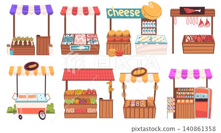 Street market stalls. Outdoor fair tent, local kiosk grocery store food shop fish meat booth bakery stand vegetable fruit cheese milk flower sale cart classy vector illustration Street market stalls. Outdoor fair tent, local kiosk grocery store food shop fish meat booth bakery stand vegetable fruit cheese milk flower sale cart classy vector illustration 140861358