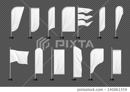 White beach flags. Realistic flag pole, advertising vertical blank banner mockup event promo teardrop stand outdoor flagpole waving cloth 3d isolated set exact vector illustration White beach flags. Realistic flag pole, advertising vertical blank banner mockup event promo teardrop stand outdoor flagpole waving cloth 3d isolated set exact vector illustration 140861359