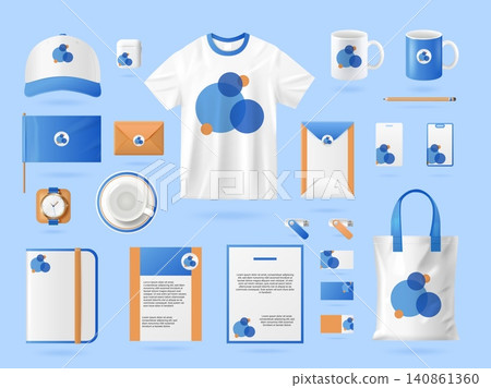 Promo identity mockup. Corporate brand, stationery design business card company souvenir presentation stationary mug bag cap print set realistic template exact vector illustration Promo identity mockup. Corporate brand, stationery design business card company souvenir presentation stationary mug bag cap print set realistic template exact vector illustration 140861360