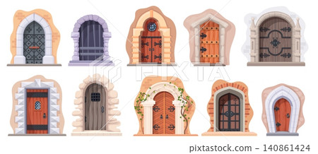 Medieval doors. Ancient castle gate, dungeon wooden iron door old temple gothic church arch entrance fairy palace doorgate ivy stone cell jail brick wall neat vector illustration Medieval doors. Ancient castle gate, dungeon wooden iron door old temple gothic church arch entrance fairy palace doorgate ivy stone cell jail brick wall neat vector illustration 140861424