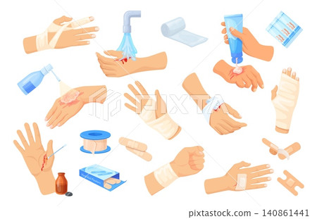 Injured hand first aid. Hands skin wound burn cut injury, bandage plaster dressing emergency care hospital treatment broken bleeding blood finger wrists neat vector illustration Injured hand first aid. Hands skin wound burn cut injury, bandage plaster dressing emergency care hospital treatment broken bleeding blood finger wrists neat vector illustration 140861441