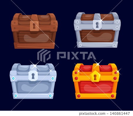 Game chest rank. Treasure chests level reward, old silver golden wooden box lock or open player award ui icon set fantasy pirate gaming loot gold coins kicky vector illustration Game chest rank. Treasure chests level reward, old silver golden wooden box lock or open player award ui icon set fantasy pirate gaming loot gold coins kicky vector illustration 140861447