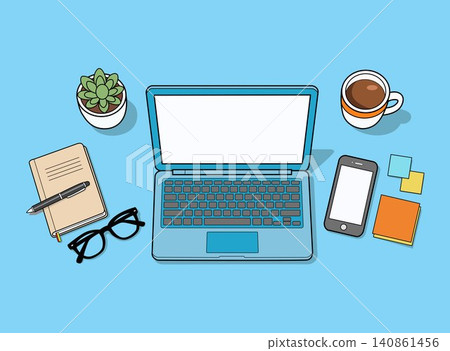 Blue laptop workspace flat lay with notebook, phone, coffee, glasses and succulent plant Blue laptop workspace flat lay with notebook, phone, coffee, glasses and succulent plant 140861456
